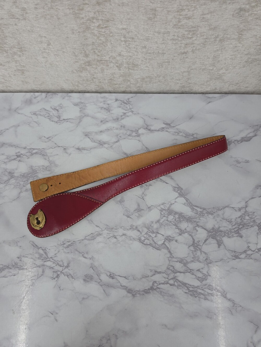 Lutrece Vintage Hand Sewn Box Calf Red Leather Belt Gold Tone Door Lock Buckle